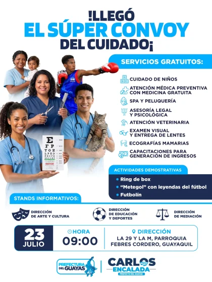 Súper Convoy de la Prefectura del Guayas llega con múltiples servicios y diversión familiar, este 23 de julio en las calles 29 y la M, en Guayaquil